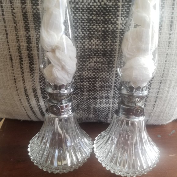 Vintage Diamond Cut 9" Clear Glass Lamp Light Farms Oil Lamps Set - Picture 2 of 7